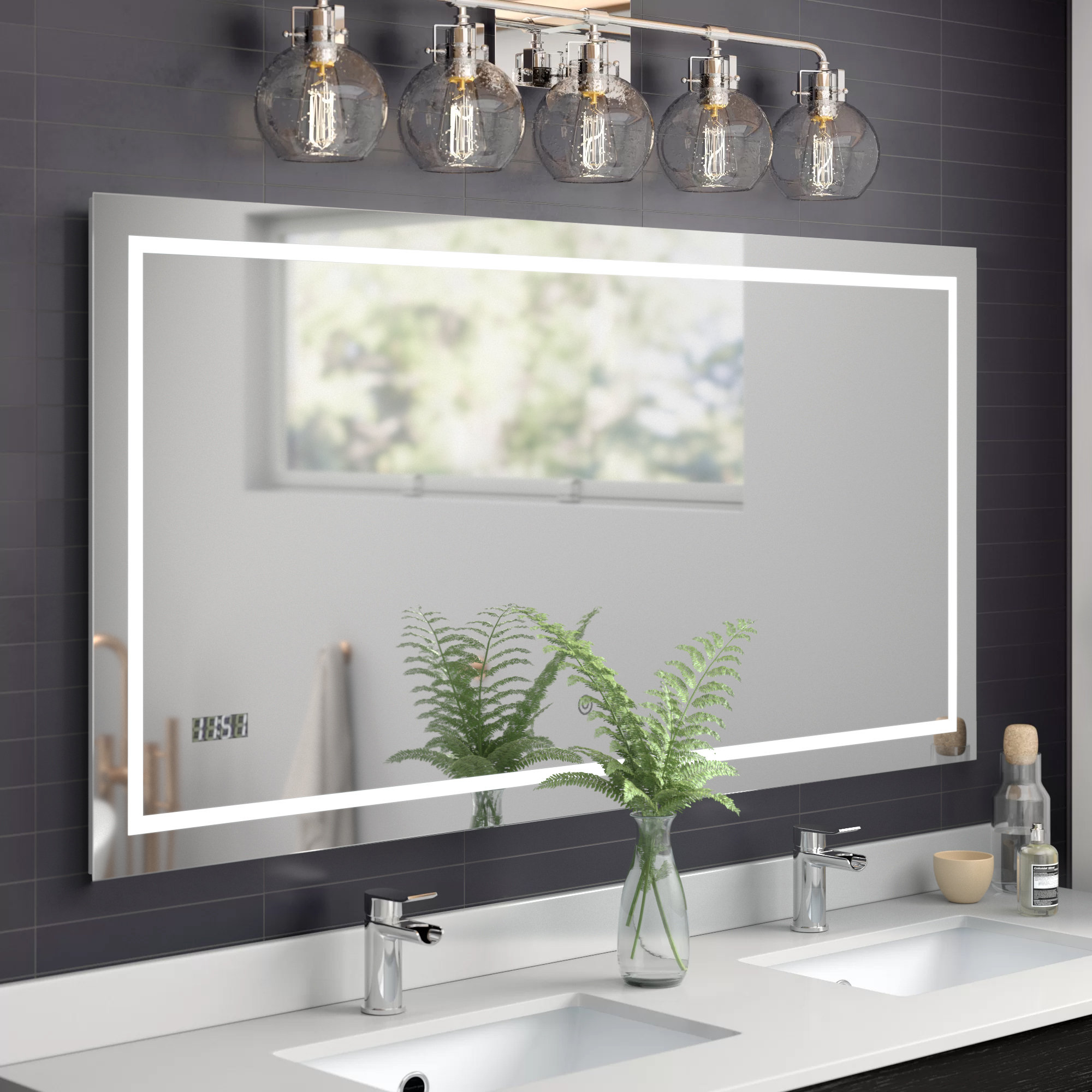 Aquadom Daytona LED Mirror for Bathroom with Touch Control Defogger Digital Clock 60 x30 x1